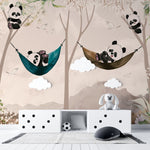 Tapet personalizat lumea animalelor pentru copii cu ursi panda in hamac intr un peisaj montan tropical panda's paradise