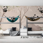 Tapet personalizat lumea animalelor pentru copii cu ursi panda in hamac intr un peisaj montan tropical panda's paradise
