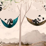 Tapet personalizat lumea animalelor pentru copii cu ursi panda in hamac intr un peisaj montan tropical panda's paradise
