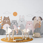 Tapet personalizat lumea animalelor pentru copii cu animale ilustrate ursi pisici iepuri si caini care zambesc happy animals