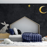 Tapet personalizat lumea animalelor pentru copii cu iepuras in noapte uitandu se la luna night bunny
