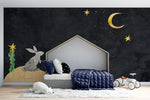 Tapet personalizat lumea animalelor pentru copii cu iepuras in noapte uitandu se la luna night bunny