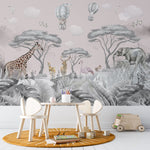 Tapet personalizat lumea animalelor pentru copii cu jungla gri cu cer roz pastel si girafe cerbi caprioare elefanti flamingo veverite pasari si baloane cu aer cald pastel pink jungle