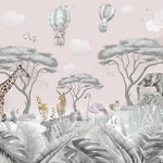 Tapet personalizat lumea animalelor pentru copii cu jungla gri cu cer roz pastel si girafe cerbi caprioare elefanti flamingo veverite pasari si baloane cu aer cald pastel pink jungle