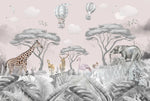 Tapet personalizat lumea animalelor pentru copii cu jungla gri cu cer roz pastel si girafe cerbi caprioare elefanti flamingo veverite pasari si baloane cu aer cald pastel pink jungle