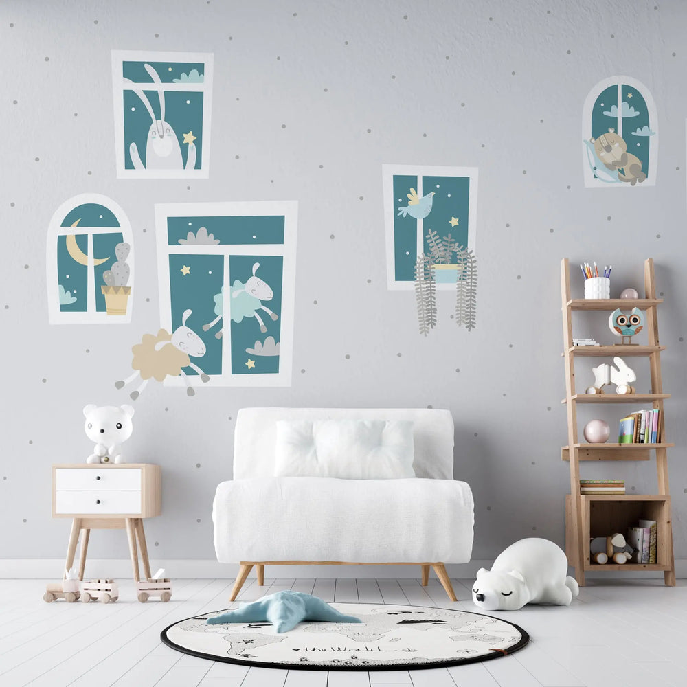 Tapet personalizat lumea animalelor pentru copii cu animale dormind la fereastra dreamy animals