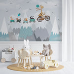Tapet personalizat lumea animalelor pentru copii cu animale zburand deasupra muntilor over the mountains