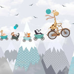 Tapet personalizat lumea animalelor pentru copii cu animale zburand deasupra muntilor over the mountains