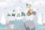 Tapet personalizat lumea animalelor pentru copii cu animale zburand deasupra muntilor over the mountains