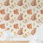 Tapet personalizat lumea animalelor pentru copii cu ursi veverite pasari frunze si flori watercolor forest animals