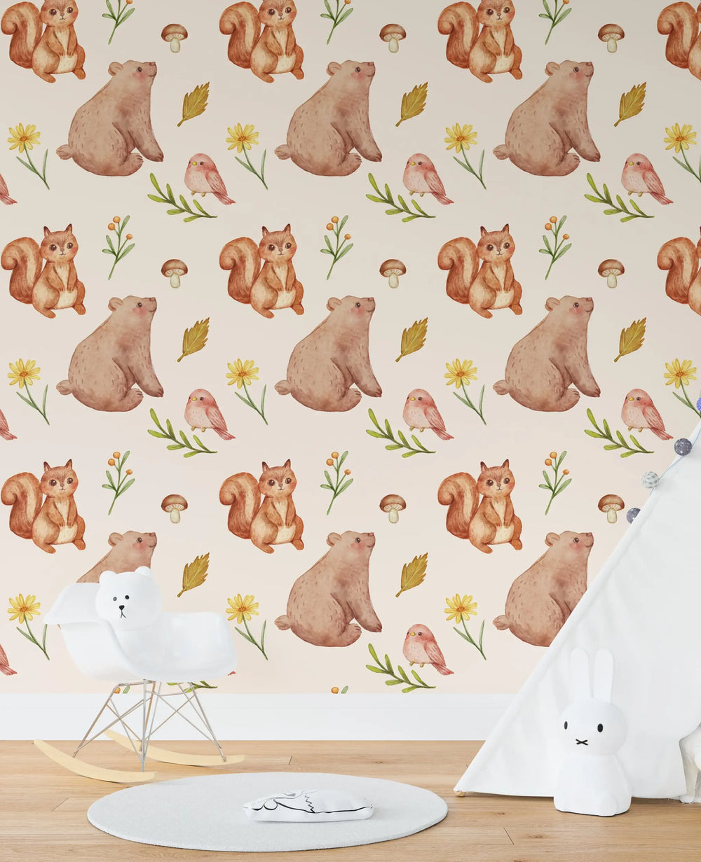 Tapet personalizat lumea animalelor pentru copii cu ursi veverite pasari frunze si flori watercolor forest animals