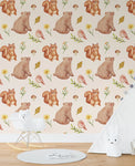 Tapet personalizat lumea animalelor pentru copii cu ursi veverite pasari frunze si flori watercolor forest animals