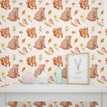 Tapet personalizat lumea animalelor pentru copii cu ursi veverite pasari frunze si flori watercolor forest animals