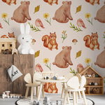 Tapet personalizat lumea animalelor pentru copii cu ursi veverite pasari frunze si flori watercolor forest animals