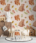 Tapet personalizat lumea animalelor pentru copii cu ursi veverite pasari frunze si flori watercolor forest animals