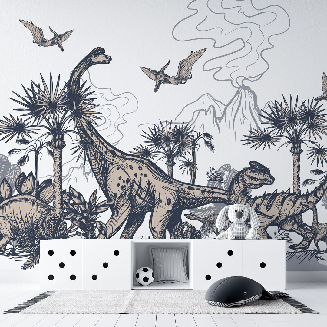 Tapet personalizat epoca dinozaurilor pentru copii cu palmieri vulcani si dinozauri pe un fundal alb dino sketch