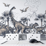 Tapet personalizat epoca dinozaurilor pentru copii cu palmieri vulcani si dinozauri pe un fundal alb dino sketch
