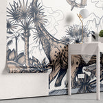 Tapet personalizat epoca dinozaurilor pentru copii cu palmieri vulcani si dinozauri pe un fundal alb dino sketch