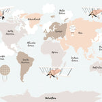 Tapet personalizat micii exploratori pentru copii cu harta lumii pe continente in culori calde pastel avioane si baloane cu aer cald flying continents