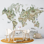Tapet personalizat micii exploratori pentru copii cu harta lumii pe cu flora si fauna continentelor zoo map