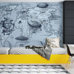 Tapet personalizat micii exploratori pentru copii cu harta lumii si diverse aparate de zbor printre care avioane si zeppelin zeppelin