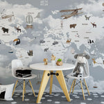 Tapet personalizat micii exploratori pentru copii cu harta lumii pe tari avioane si animale specifice zonei countries