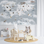 Tapet personalizat micii exploratori pentru copii cu harta lumii pe tari avioane si animale specifice zonei countries