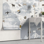 Tapet personalizat micii exploratori pentru copii cu harta lumii pe tari avioane si animale specifice zonei countries