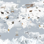 Tapet personalizat micii exploratori pentru copii cu harta lumii pe tari avioane si animale specifice zonei countries
