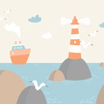 Tapet personalizat micii exploratori pentru copii cu pescarusifar si vapoare pe mare lighthouse
