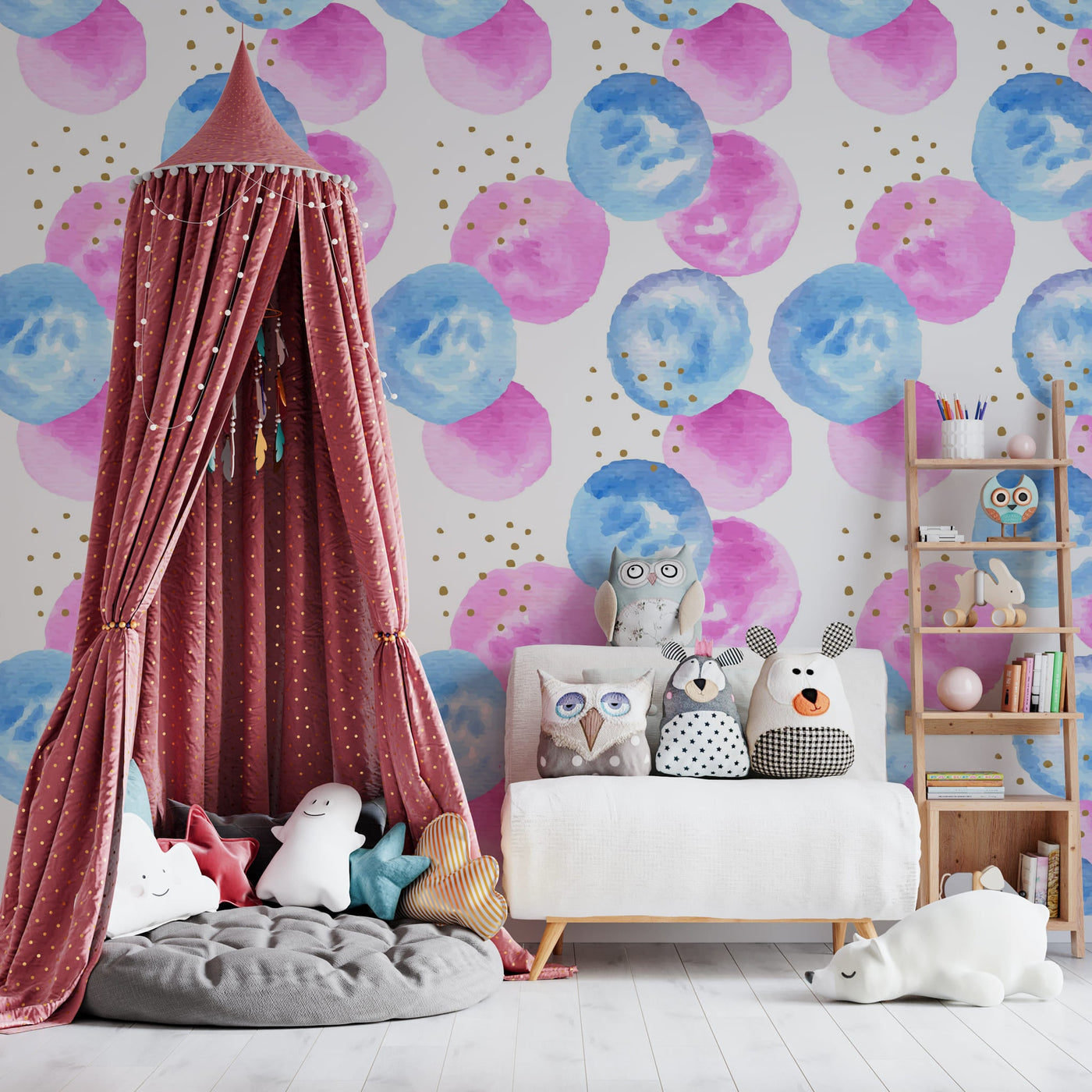 tapet-personalizat-micii-exploratori-pentru-copii-cu-buline-roz-si-albastru-watercolor-dots