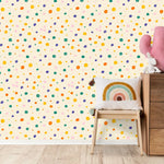 Tapet personalizat inspiratie scandinava pentru copii cu buline multicolore pe fundal galben dots