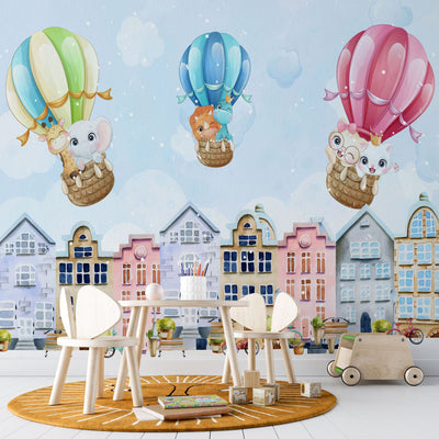 fototapet-personalizat-inspiratie-scandinava-pentru-copii-cu-animale-cladiri-suedeze-si-baloane-cu-aer-colorate-stockholm