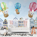 Tapet personalizat inspiratie scandinava pentru copii cu animale cladiri suedeze si baloane cu aer colorate stockholm