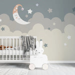 Tapet personalizat inspiratie scandinava pentru copii cu cer instelat visator si luna dreamy sky
