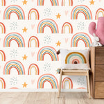 Tapet personalizat inspiratie scandinava pentru copii cu baloane cu curcubeie stelute si inimioare boho rainbow