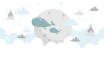 Tapet personalizat inspiratie scandinava pentru copii cu balene nori si castele dreamland