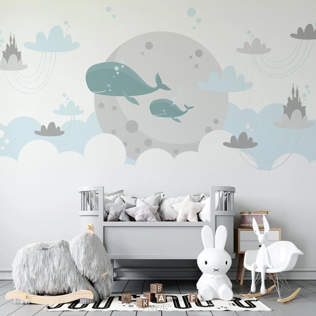 Tapet personalizat inspiratie scandinava pentru copii cu balene nori si castele dreamland