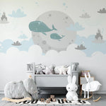 Tapet personalizat inspiratie scandinava pentru copii cu balene nori si castele dreamland