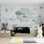Tapet personalizat inspiratie scandinava pentru copii cu balene nori si castele dreamland