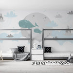 Tapet personalizat inspiratie scandinava pentru copii cu balene nori si castele dreamland