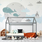 Tapet personalizat inspiratie scandinava pentru copii cu balene nori si castele dreamland