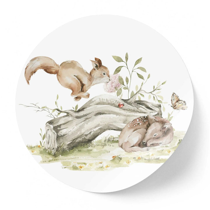 Sticker perete copii rotund cu Veverita draguta si ilustratie padure in acuarela   SQUIRREL FOREST