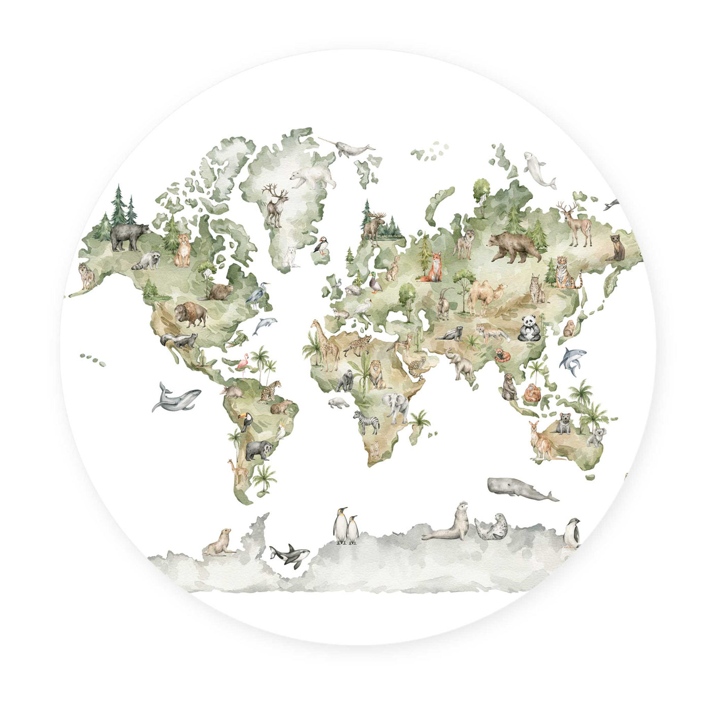 Sticker perete copii rotund cu harta animale din lumea intreaga - WORLD OF ANIMALS