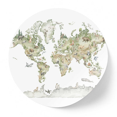 Sticker perete copii rotund cu harta animale din lumea intreaga - WORLD OF ANIMALS
