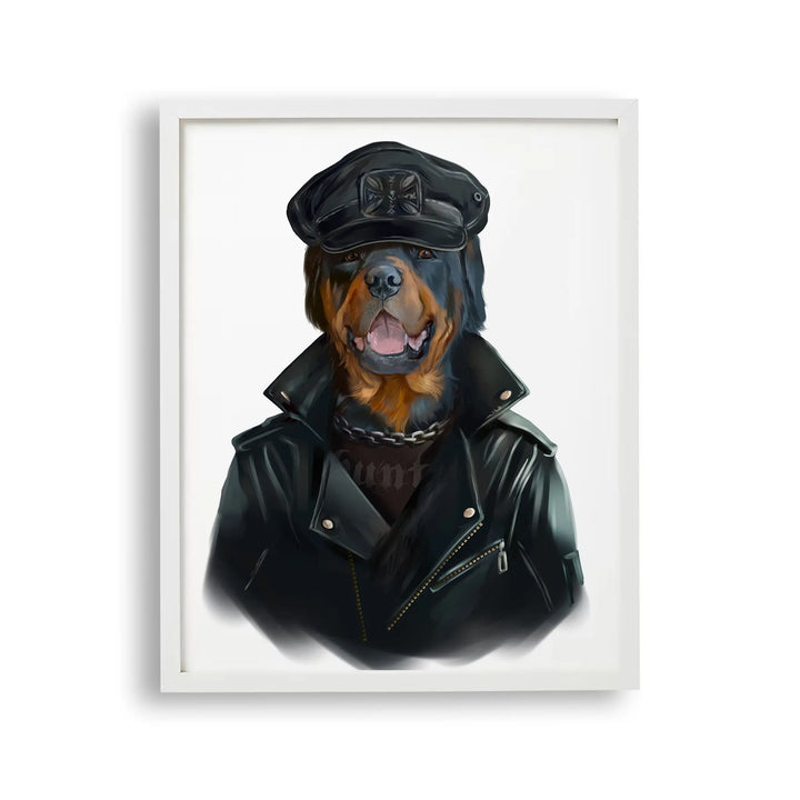 Tablou cu rama pentru copii care ilustreaza un caine rottweiler purtand o geaca din piele si o sapca rottweilier dog
