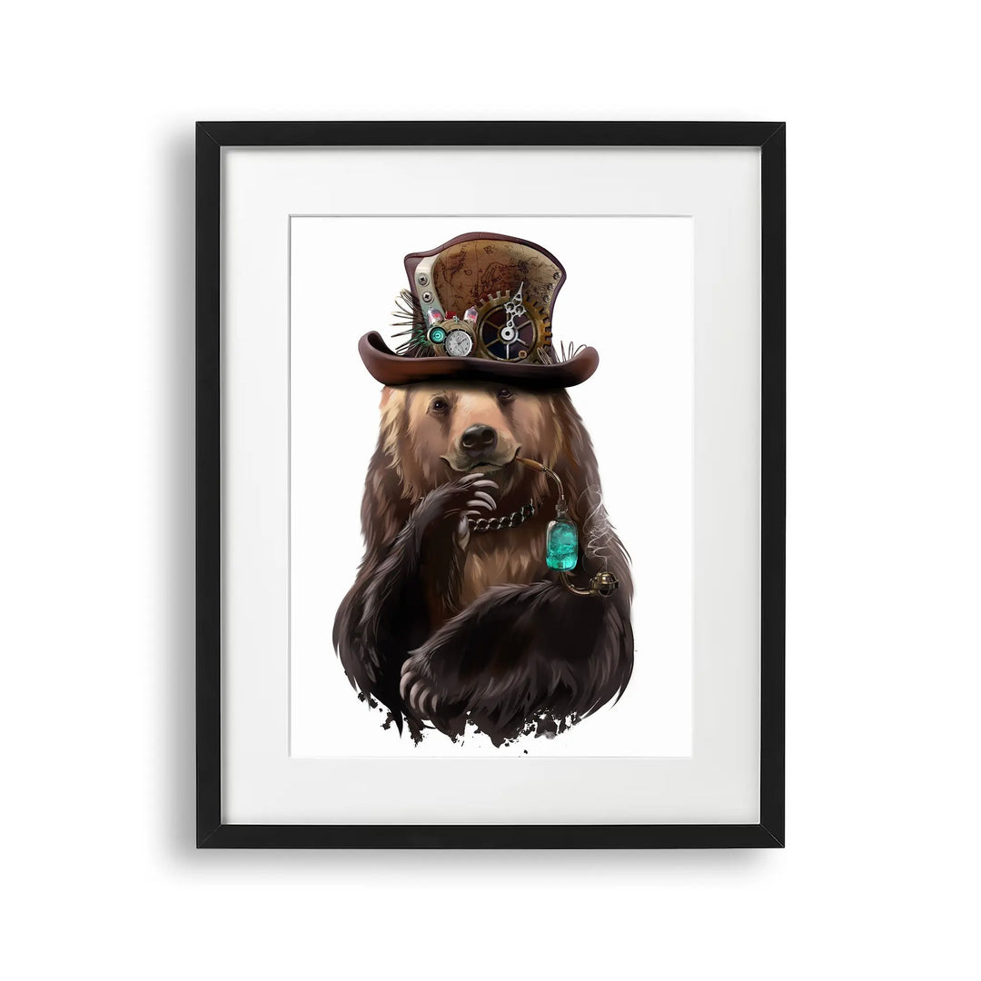 Tablou cu rama destinat copiilor care reprezinta un urs brun purtand o palarie steampunk si tinand o pipa in gura brown bear