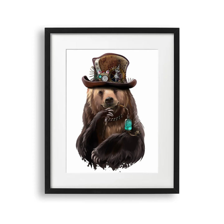 Tablou cu rama destinat copiilor care reprezinta un urs brun purtand o palarie steampunk si tinand o pipa in gura brown bear
