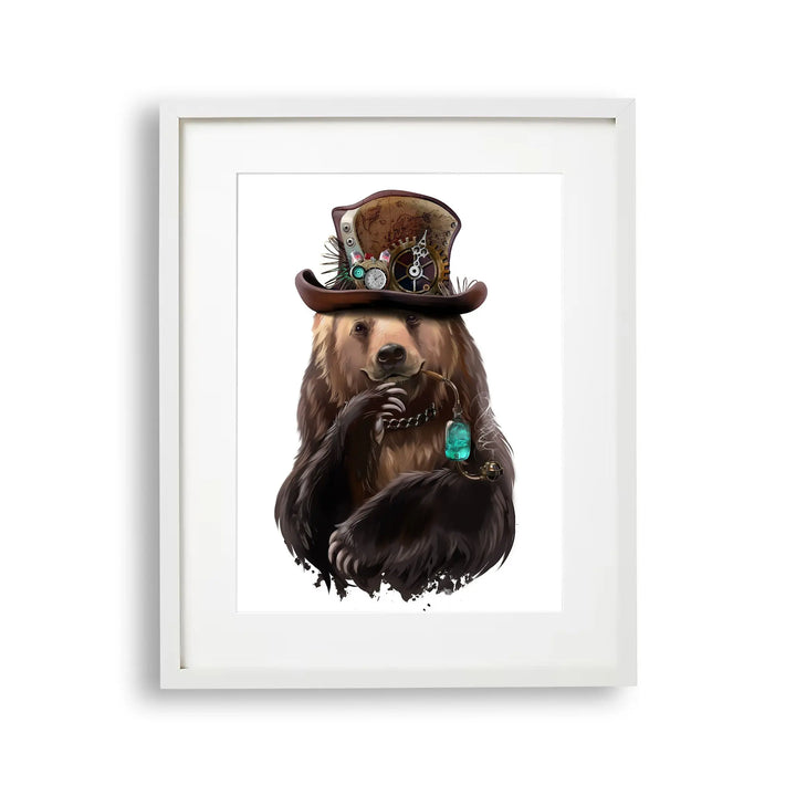 Tablou cu rama destinat copiilor care reprezinta un urs brun purtand o palarie steampunk si tinand o pipa in gura brown bear