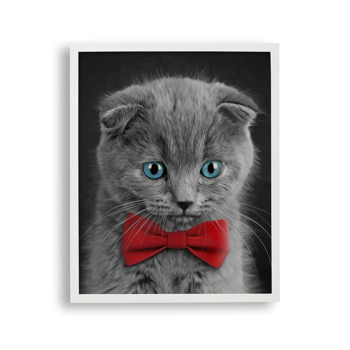 Tablou cu rama destinat copiilor care reprezinta o pictura moderna a unei pisici dragute cu ochi albastri si cu un papion rosu lovely kitten